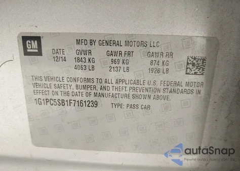 2015 Chevrolet Cruze 1Lt Auto из США, поврежденный, VIN 1G1PC5SB1F7161239